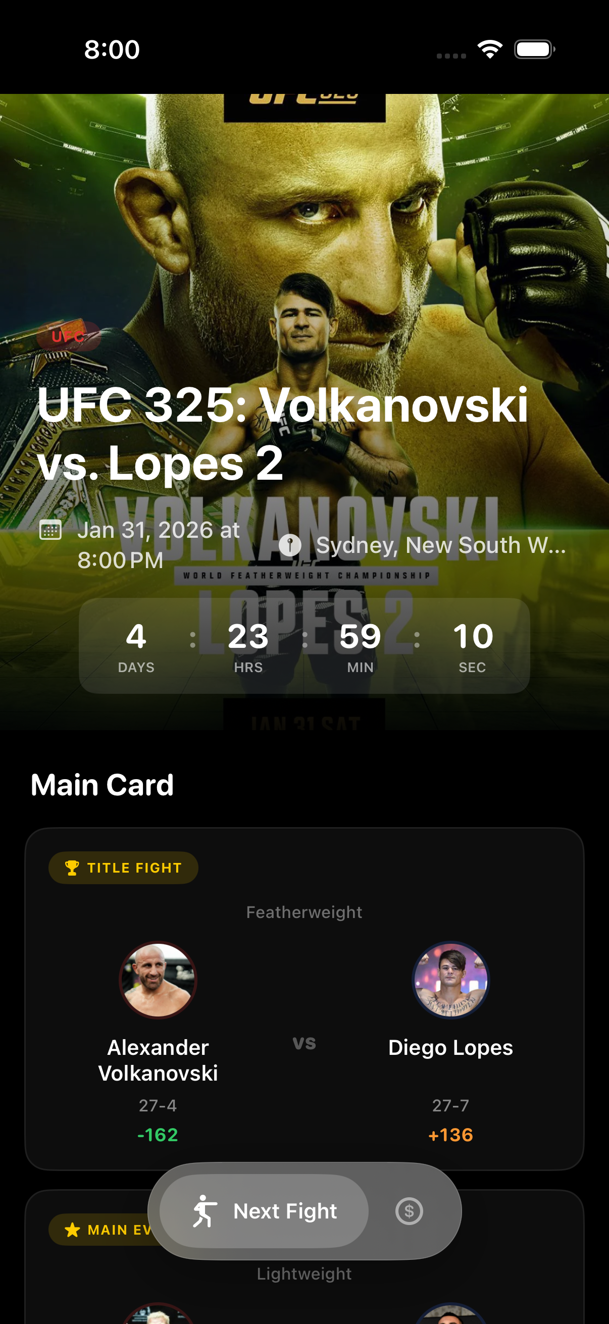 Next Fight App Home Screen